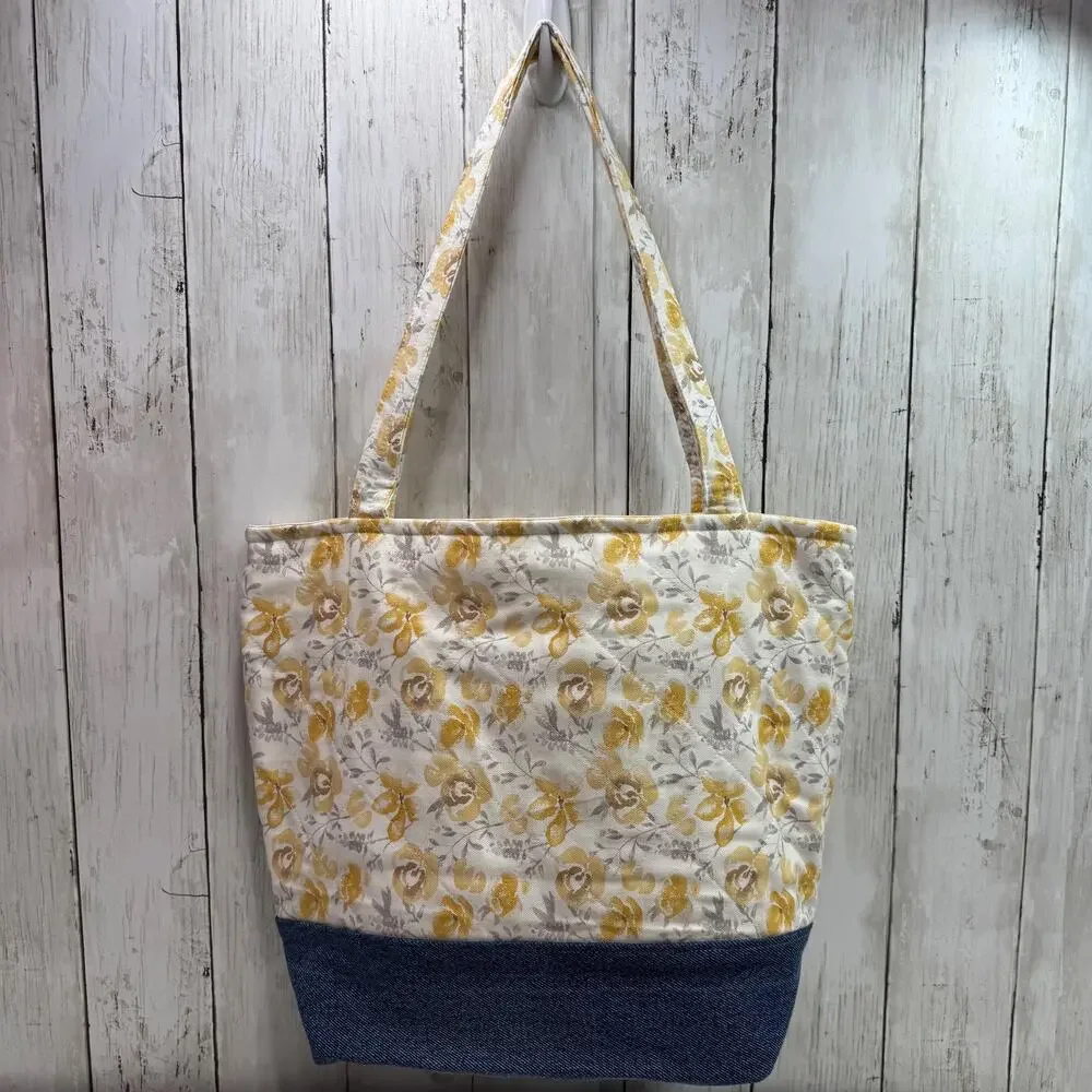 Quilted Yellow Floral Tote Bag Denim Accent : Matching Zipper Pouch Included